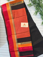 Pure Handwoven Maheshwari Silk Cotton Saree – Black with Red & Orange Borders