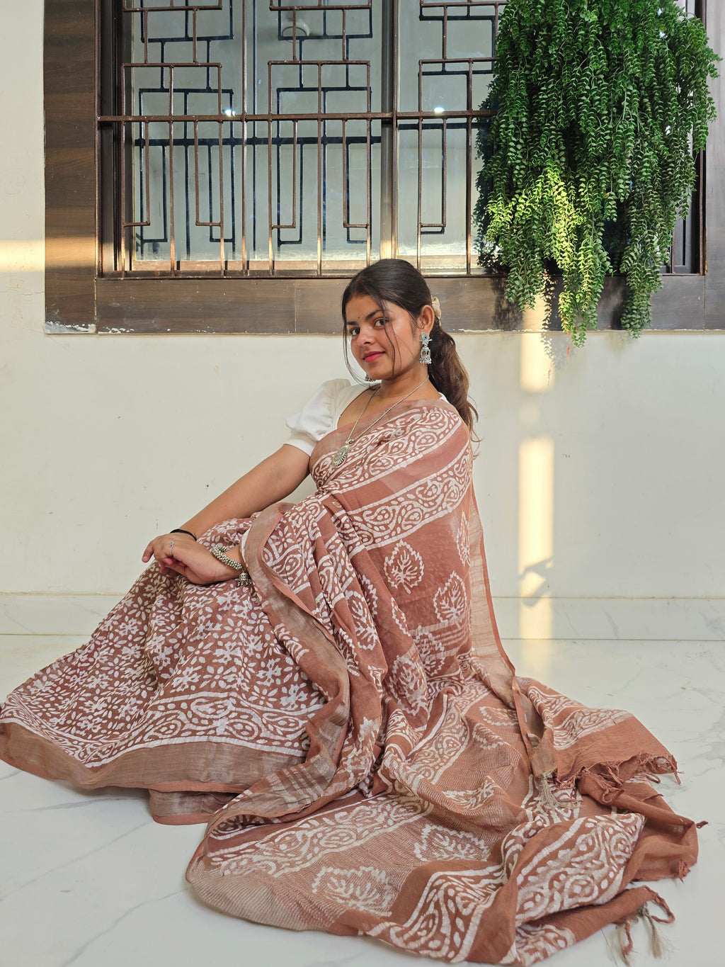 Handcrafted Linen Saree with Hand Block Hot Wax Batik - Beige Brown