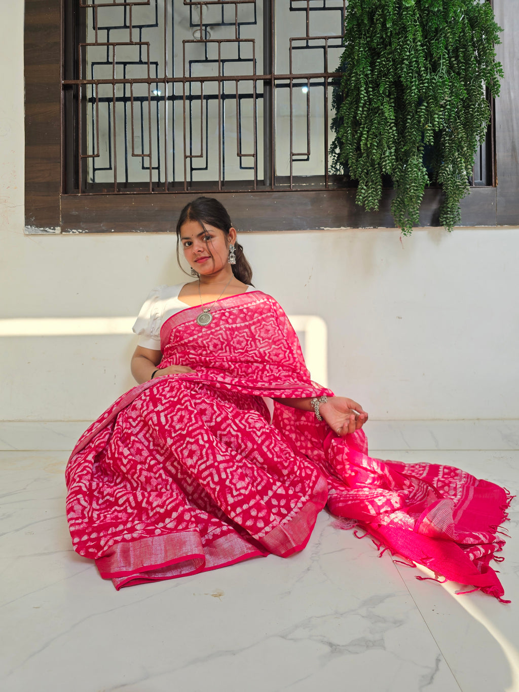 Handcrafted Linen Saree with Hand Block Hot Wax Batik - Rani Pink