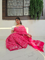 Handcrafted Linen Saree with Hand Block Hot Wax Batik - Rani Pink