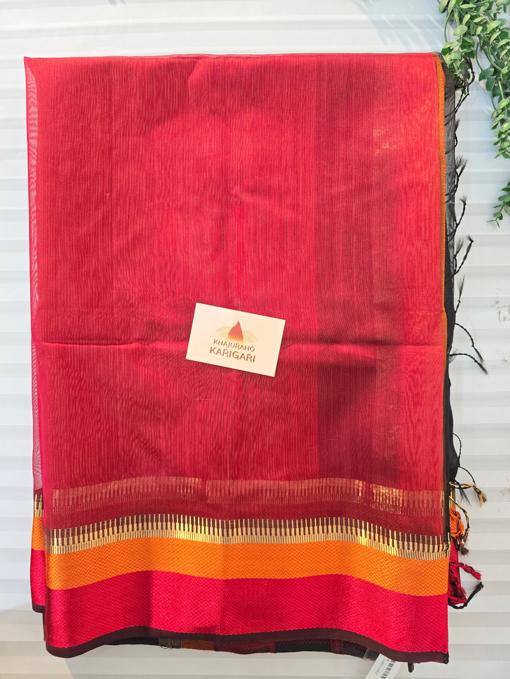 Pure Handwoven Maheshwari Silk Cotton Saree – Black with Red & Orange Borders
