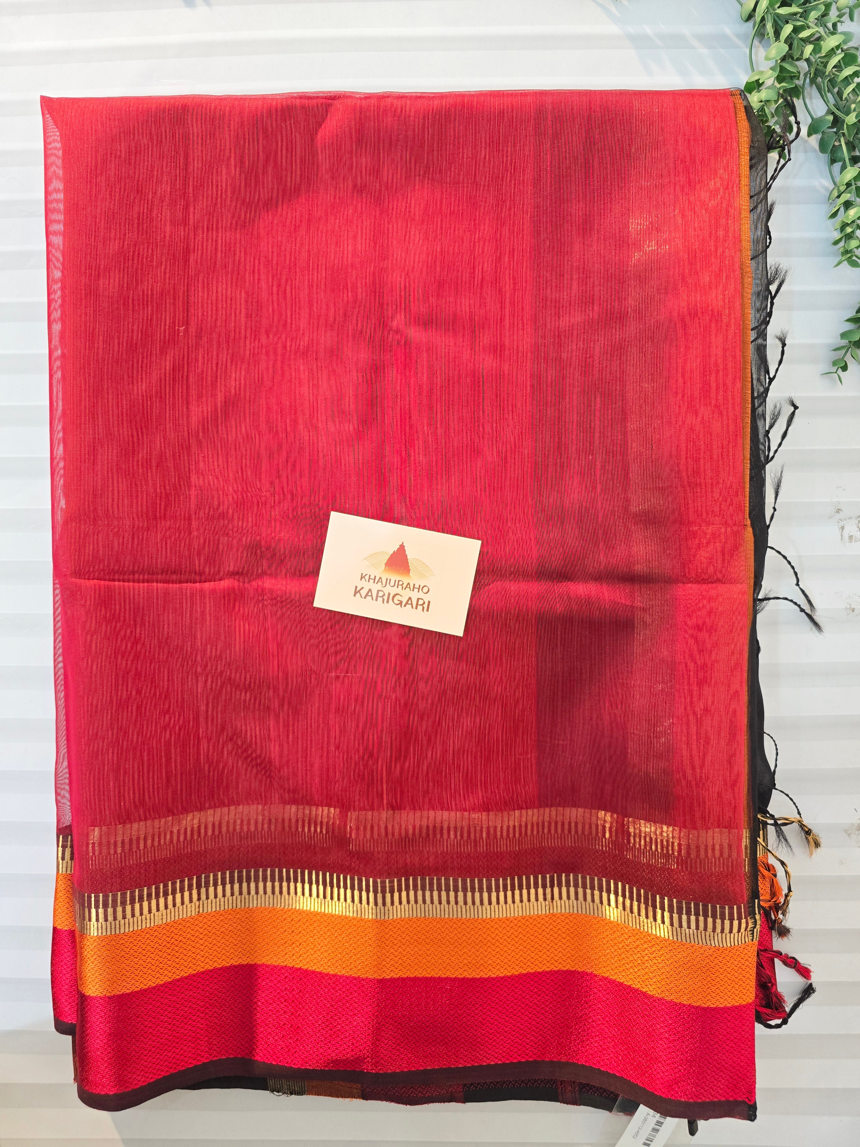 Pure Handwoven Maheshwari Silk Cotton Saree – Black with Red & Orange Borders