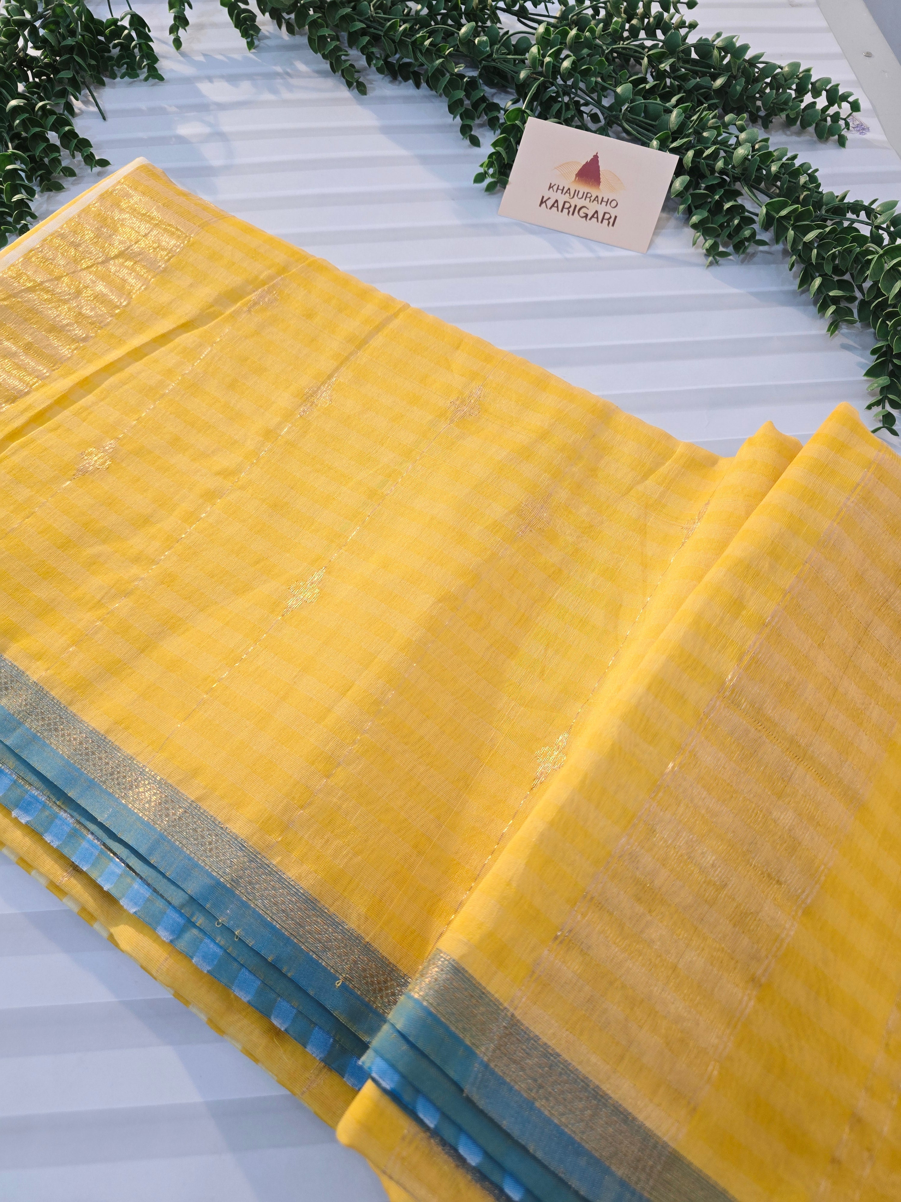 Pure Handwoven Maheshwari Check Saree in Yellow & White