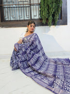 Handcrafted Linen Saree with Hand Block Hot Wax Batik - Blue