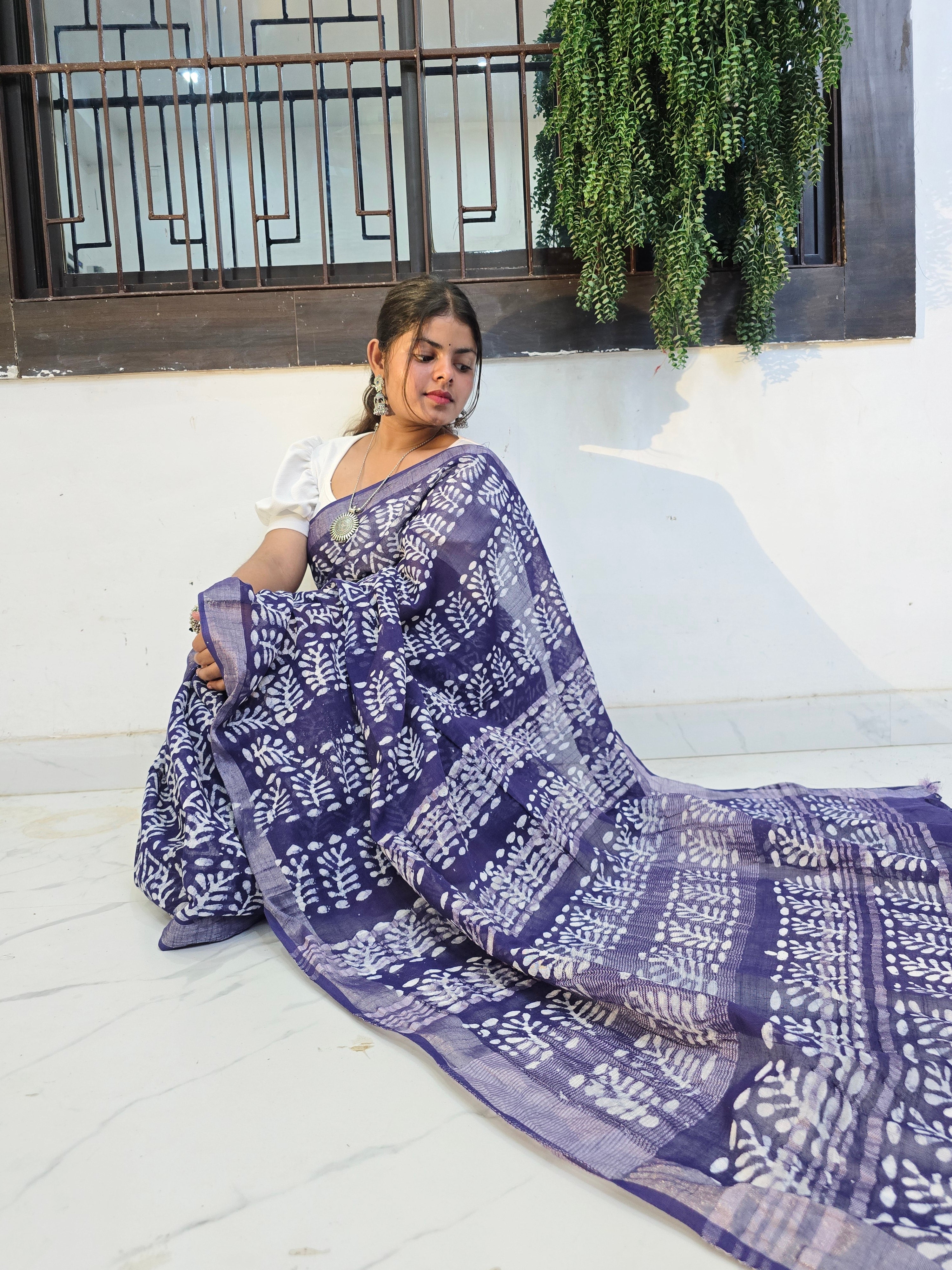 Handcrafted Linen Saree with Hand Block Hot Wax Batik - Blue
